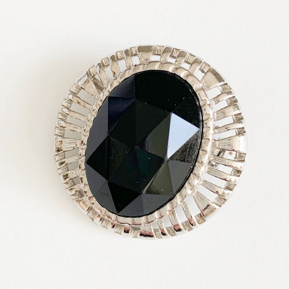 Vintage Silver Tone Metal Brooch with Large Black Faceted Gemstone by HOLLY.